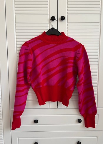Pembe Zebra Desenli Örgü Kadın Kazak