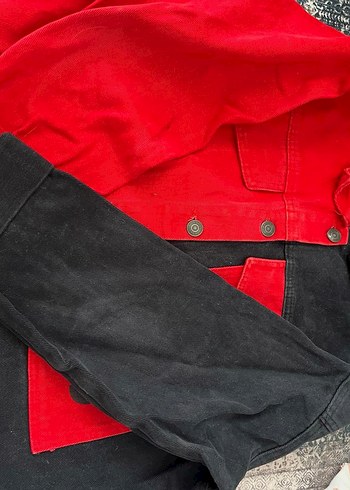s Beden kırmızı Renk Kadın Kırmızı-Siyah Denim Ceket, Düğmeli, Gevşek Kesim