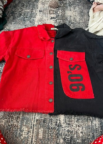 Kadın Kırmızı-Siyah Denim Ceket, Düğmeli, Gevşek Kesim