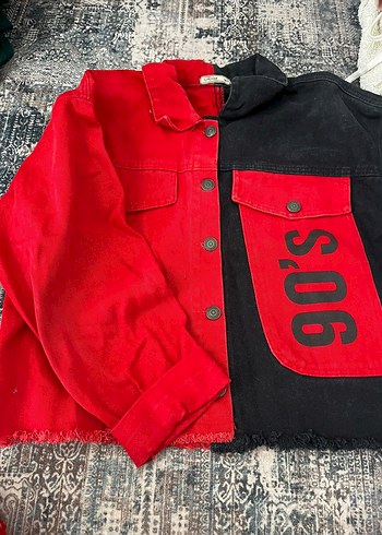 Diğer Kadın Kırmızı-Siyah Denim Ceket, Düğmeli, Gevşek Kesim