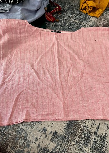 Pembe Keten Kadın Bluz, Salaş, Kısa Kollu yarasa bluz