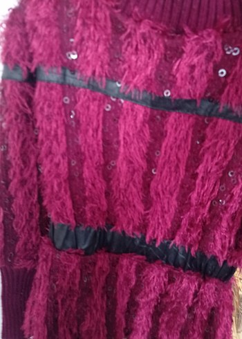 Bordo Kürklü Nakışlı Kadın Triko Ceket - Görsel 3