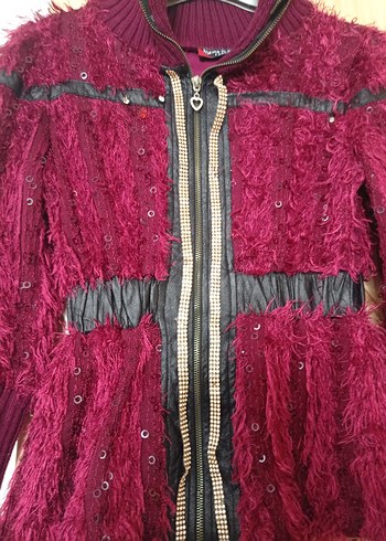 Bordo Kürklü Nakışlı Kadın Triko Ceket - Görsel 4