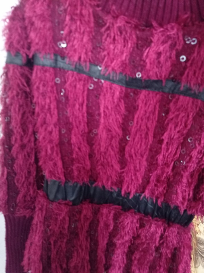 Bordo Kürklü Nakışlı Kadın Triko Ceket - Görsel 3