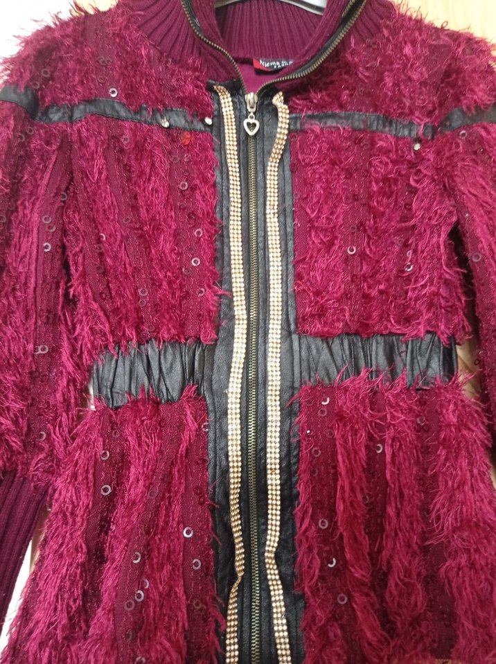 Bordo Kürklü Nakışlı Kadın Triko Ceket - Görsel 4