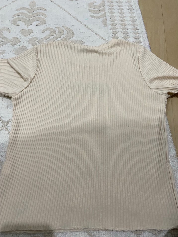 Bej Kısa Kollu Fitilli Triko Tişört - Görsel 2