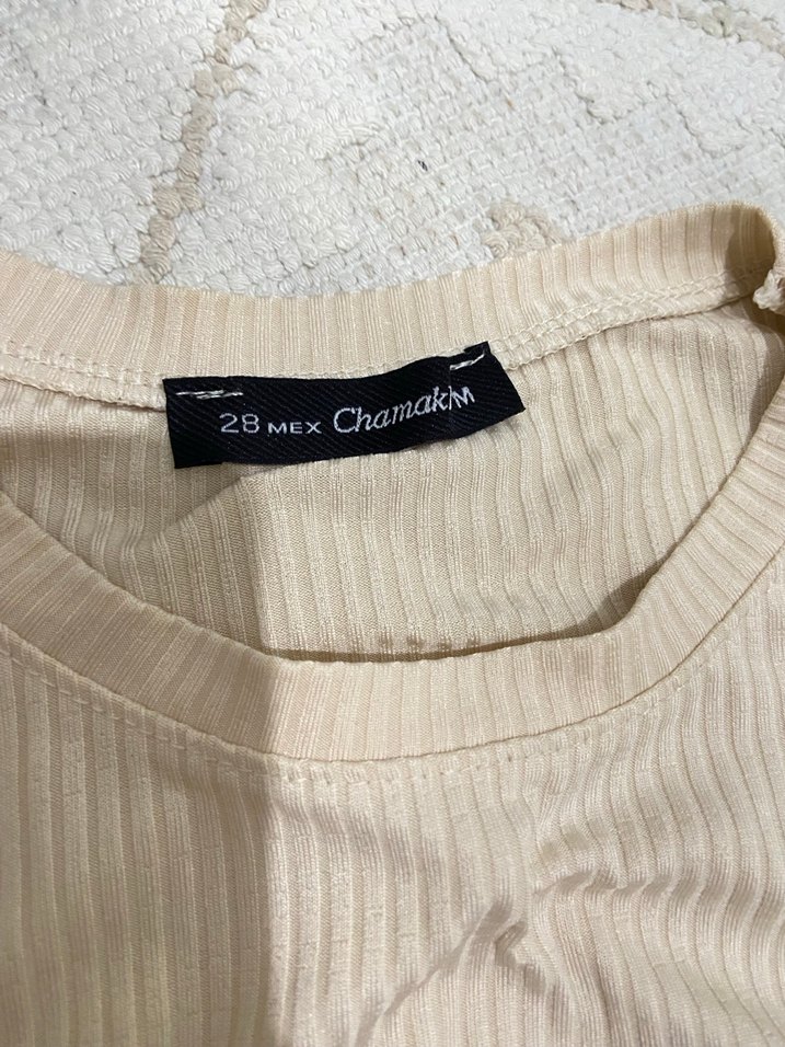 Bej Kısa Kollu Fitilli Triko Tişört - Görsel 3