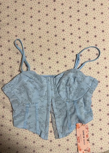 Dantel Detaylı Mavi Nakışlı Mini Denim Büstiyer