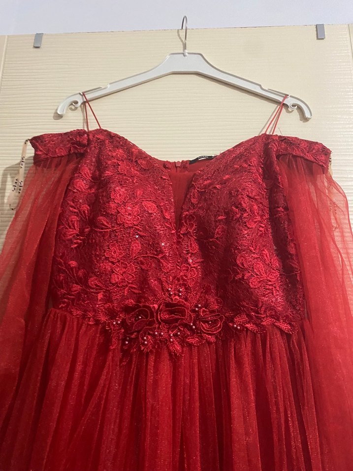 Kırmızı Nakışlı Renkli Mini Abiye Elbise - Görsel 2