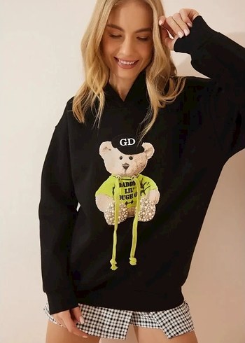 Kapüşonlu Siyah Oversize Sweatshirt M beden