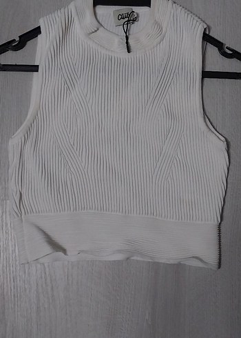 Kadın Beyaz Örgü Kolsuz Mini Süveter - Görsel 2