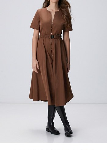 V Yaka Düğmeli Midi Kadın Elbise - Görsel 4