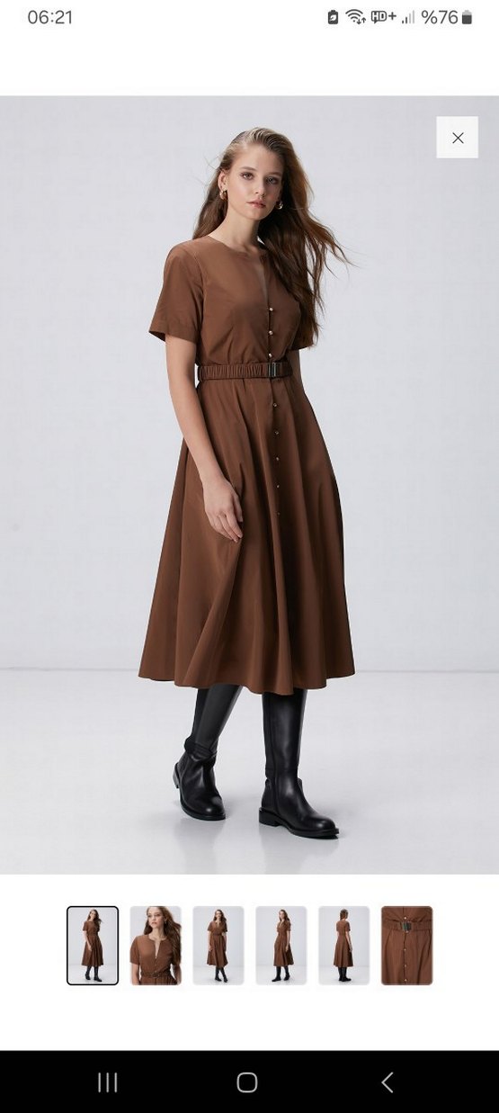 V Yaka Düğmeli Midi Kadın Elbise - Görsel 2