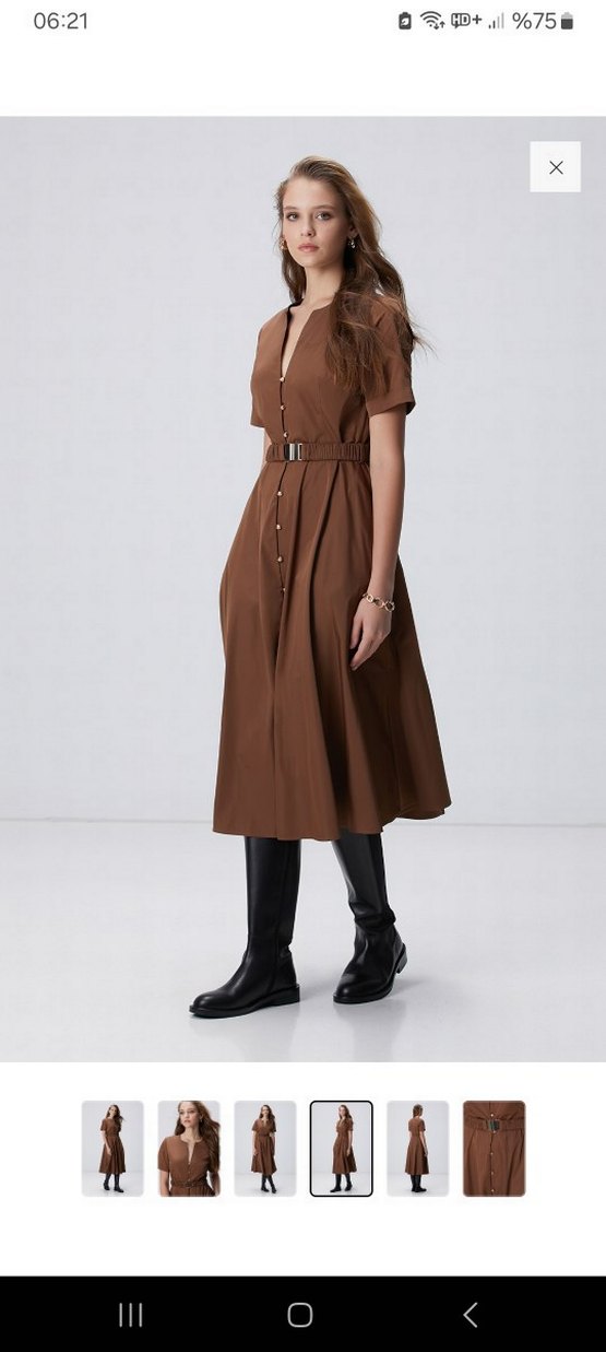 V Yaka Düğmeli Midi Kadın Elbise - Görsel 3