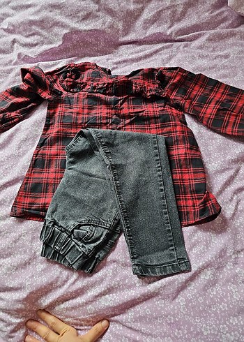 Kız Çocuk Gri Düğmeli Uzun Kollu  Gömlek ve kot pantolon kombin - Görsel 5