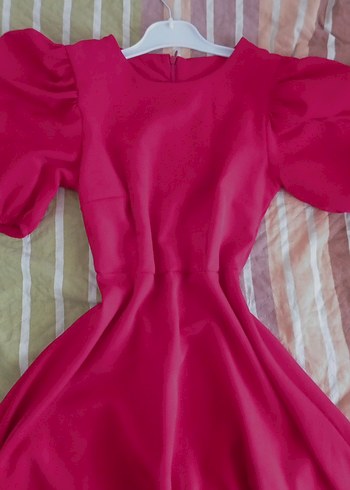 Kırmızı Drapeli bisiklet Yaka Midi Elbise - Görsel 2