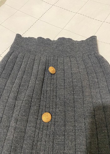 Diğer Düğmeli Gri Örme Uzun Kadın Etek