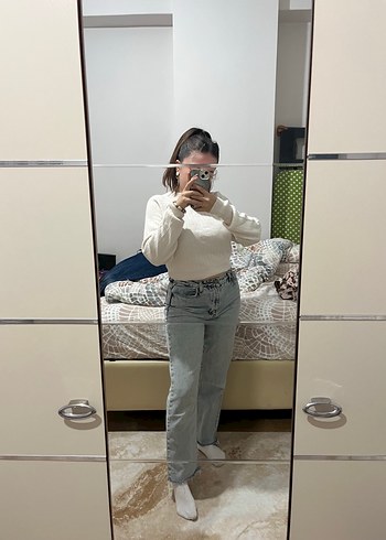 Kadın Beyaz Midi Boy Bol Kesim Denim Pantolon
