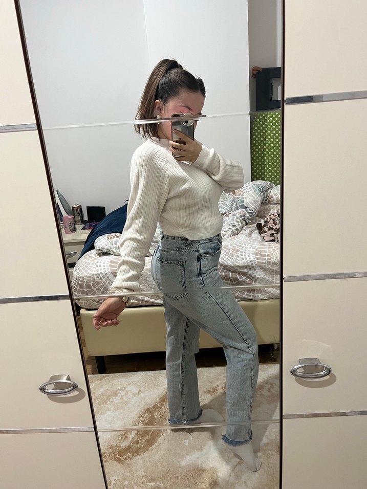 Kadın Beyaz Midi Boy Bol Kesim Denim Pantolon - Görsel 3