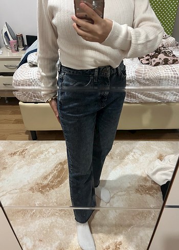 m Beden Kadın Gri Rahat Kesim Midi Denim Jean