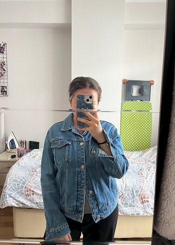 s Beden Kadın Mavi Düğmeli Midi Denim Ceket