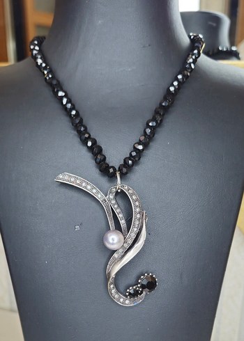 Uzun Siyah kristal Boncuklu  Gotik  Kolye - Görsel 2