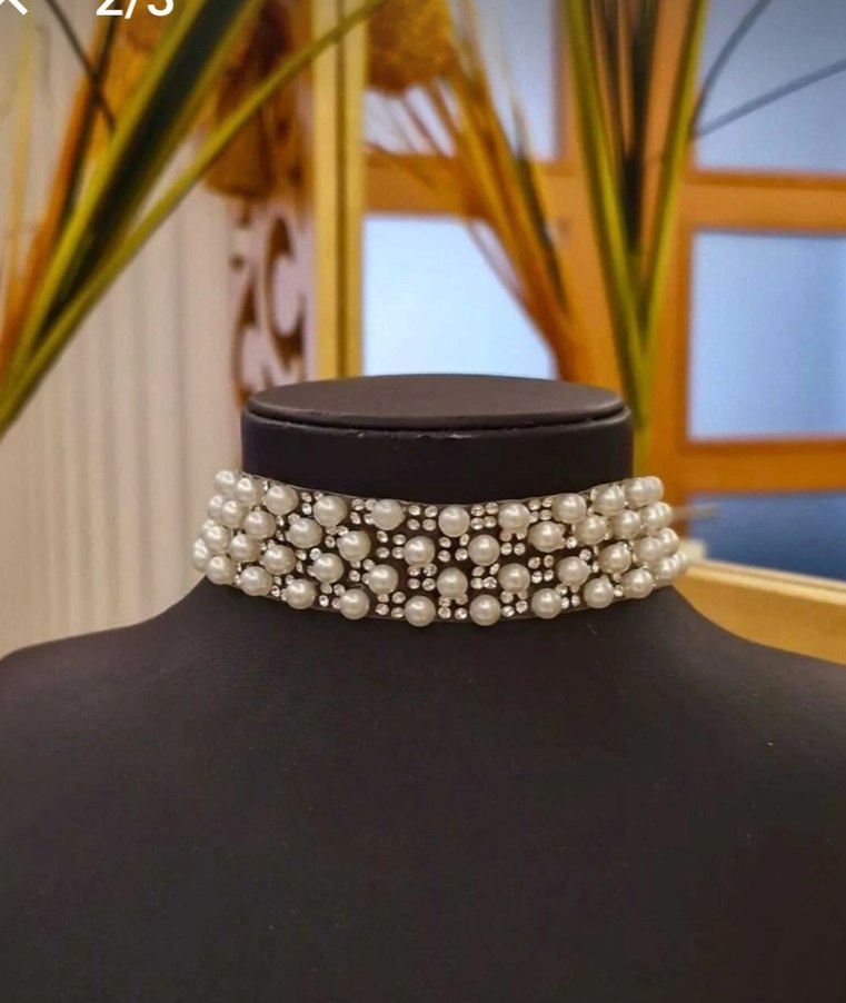 Beyaz İşlemeli Boncuklu tasma Kolye - Görsel 2