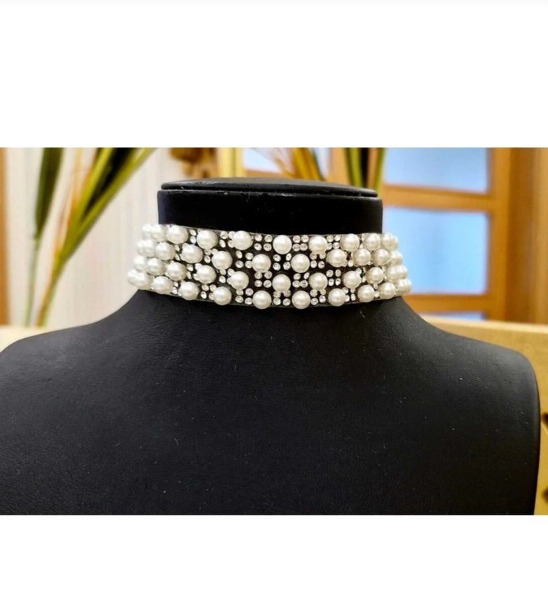 Beyaz İşlemeli Boncuklu tasma Kolye - Görsel 3