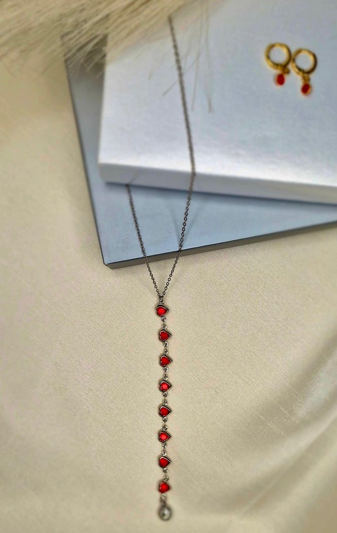 Uzun Zincirli Kırmızı Nakışlı Kadın Kolye - Görsel 3