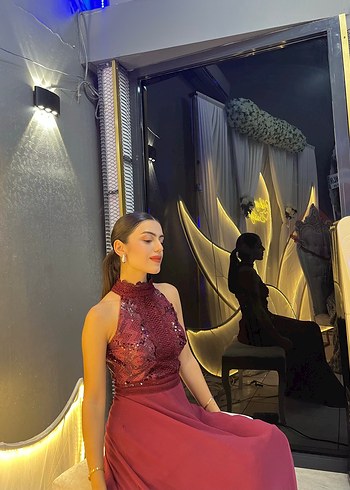 Trendyol & Milla Bordo Uzun Drapeli Yüksek Yakalı Abiye Elbise
