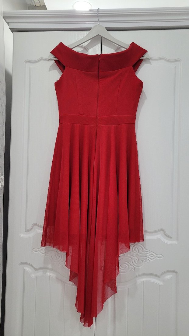 Kırmızı V Yakalı Mini Abiye Elbise - Görsel 2