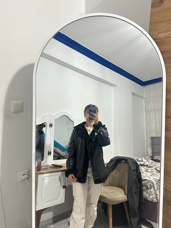 Şeffaf Detaylı Siyah Deri Kadın Kışlık Ceket - Görsel 3