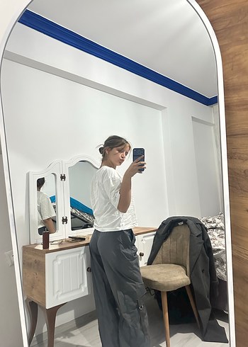 Bol Kesim Midi Gri Kadın paraşüt pantolon - Görsel 3