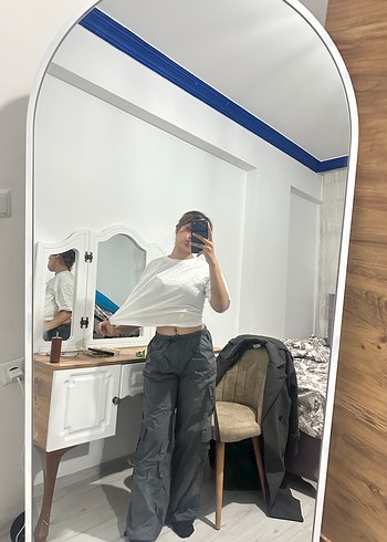 Bol Kesim Midi Gri Kadın paraşüt pantolon - Görsel 2