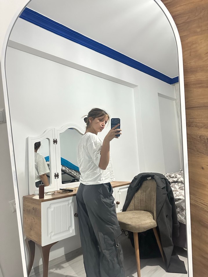 Bol Kesim Midi Gri Kadın paraşüt pantolon - Görsel 3