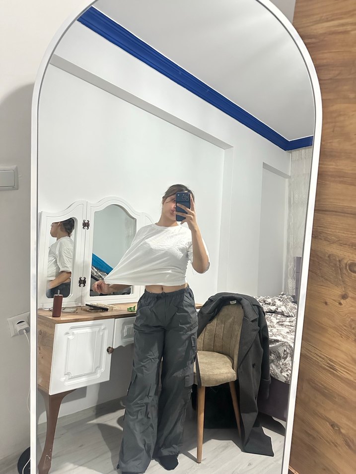 Bol Kesim Midi Gri Kadın paraşüt pantolon - Görsel 2