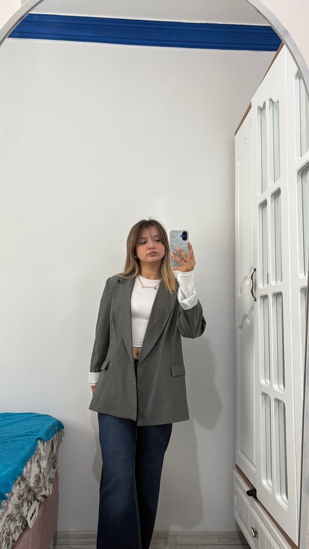 Gri Midi Kadın Blazer Ceket - Görsel 2