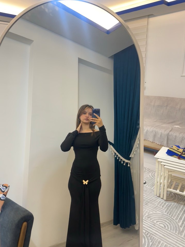 Siyah Uzun Kollu Kadın Uzun Elbise - Görsel 2