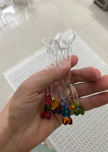 Renkli Kalp Uçlu Cam Çay Kaşığı ve Şeffaf Cam Pipet - Görsel 7