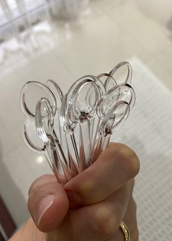 Renkli Kalp Uçlu Cam Çay Kaşığı ve Şeffaf Cam Pipet - Görsel 9