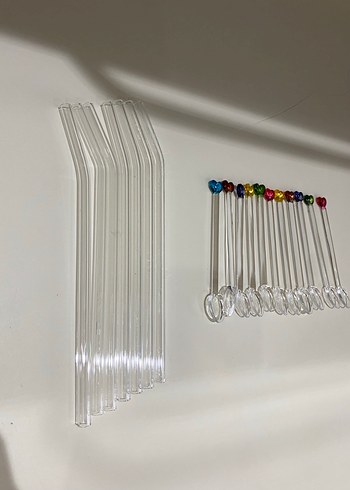 Renkli Kalp Uçlu Cam Çay Kaşığı ve Şeffaf Cam Pipet - Görsel 5