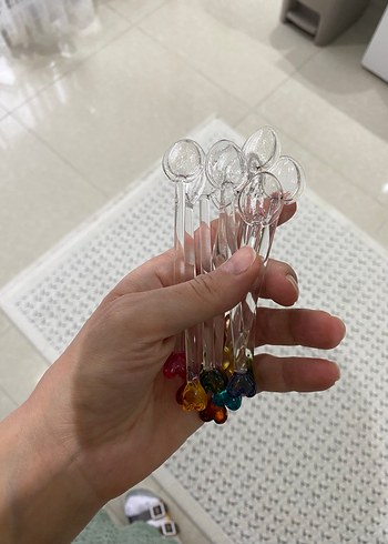 Renkli Kalp Uçlu Cam Çay Kaşığı ve Şeffaf Cam Pipet - Görsel 11