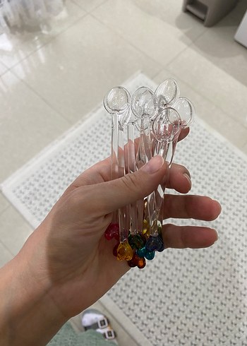 Renkli Kalp Uçlu Cam Çay Kaşığı ve Şeffaf Cam Pipet - Görsel 10