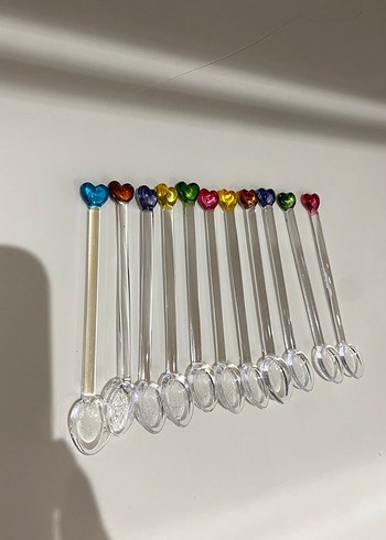 Renkli Kalp Uçlu Cam Çay Kaşığı ve Şeffaf Cam Pipet - Görsel 3