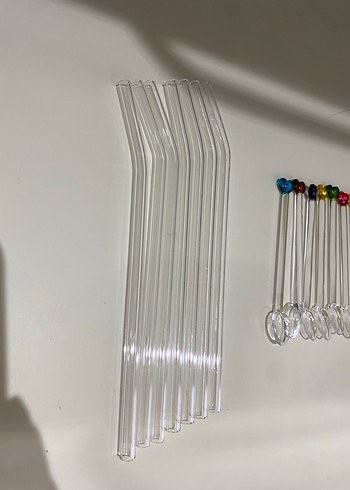 Renkli Kalp Uçlu Cam Çay Kaşığı ve Şeffaf Cam Pipet - Görsel 4