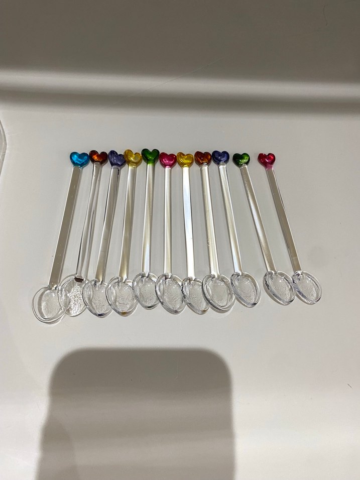 Renkli Kalp Uçlu Cam Çay Kaşığı ve Şeffaf Cam Pipet - Görsel 2