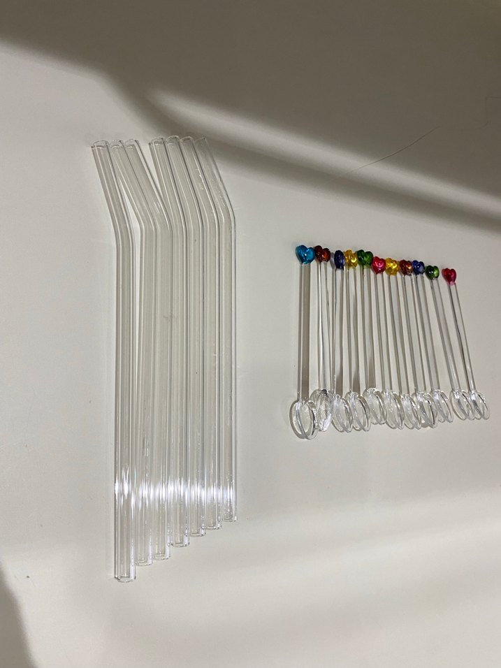 Renkli Kalp Uçlu Cam Çay Kaşığı ve Şeffaf Cam Pipet - Görsel 5