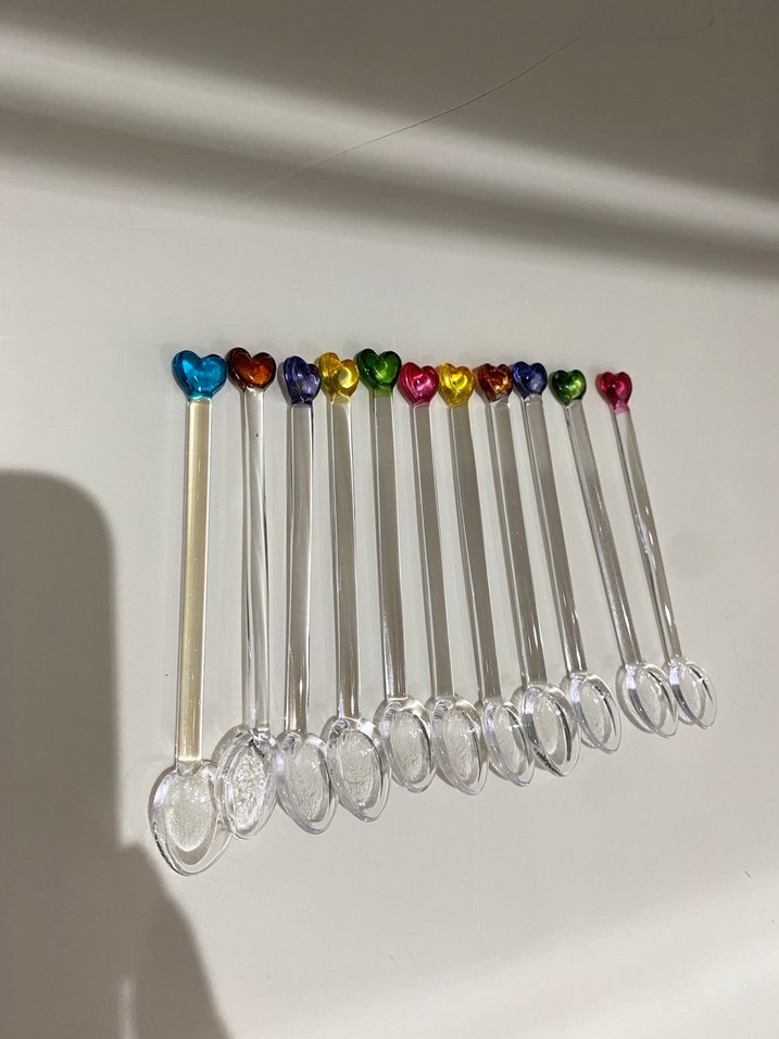 Renkli Kalp Uçlu Cam Çay Kaşığı ve Şeffaf Cam Pipet - Görsel 3