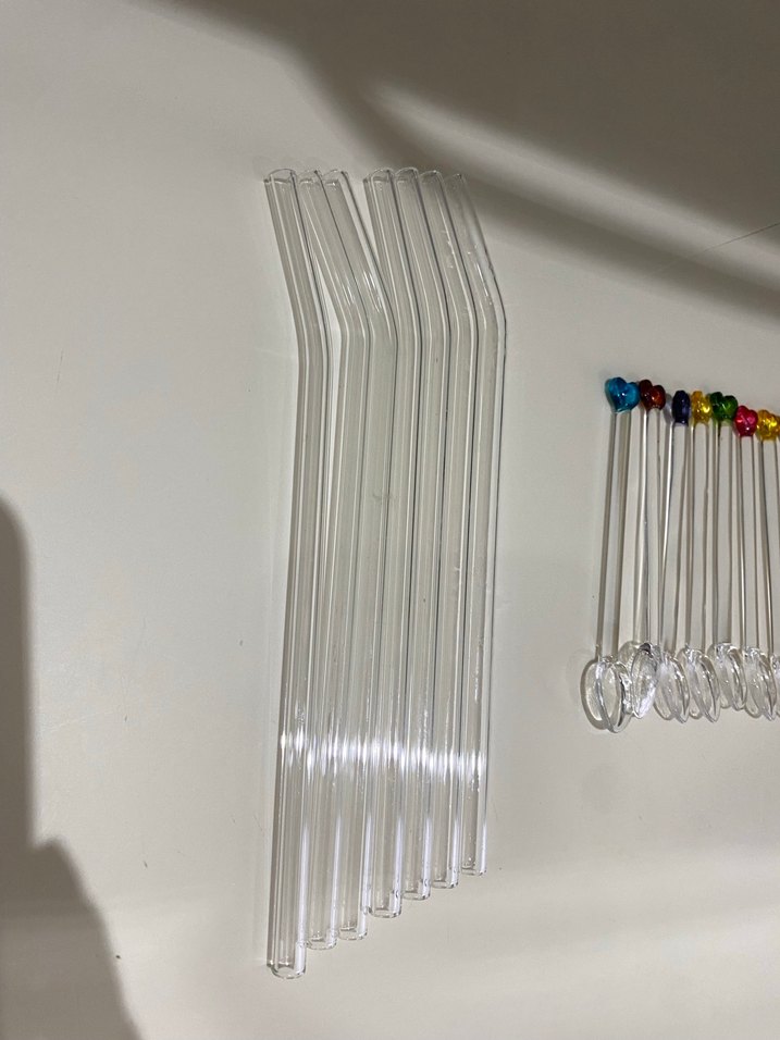 Renkli Kalp Uçlu Cam Çay Kaşığı ve Şeffaf Cam Pipet - Görsel 4