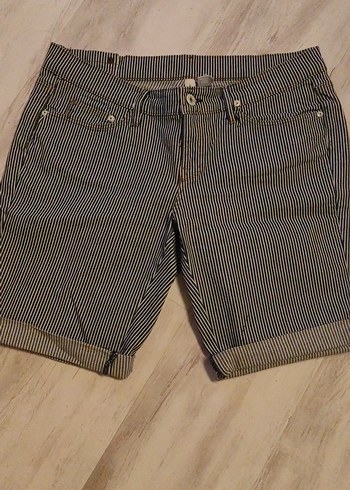 Mango Çizgili Gri Denim Kadın Bermuda Şort